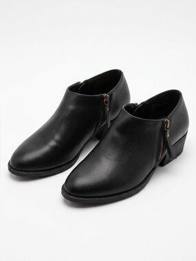 Black Vegan Leather Ankle Booties with Side Zippers